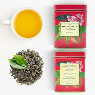 Premium Decaf Peach Herbal Green Tea Bags 50 Pack Designer Tin 50 Teabags