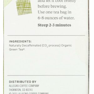 Allegro Tea Organic Decaf Green Tea Bags 20 Teabags