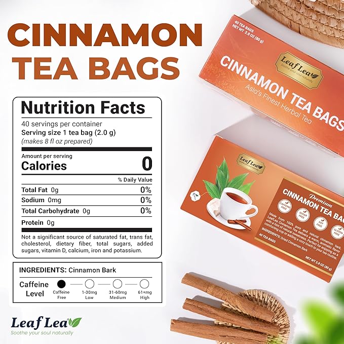 LeafLea 40 Cinnamon Tea Bags 100% Natural Ground Cinnamon Stick Herbal Tea