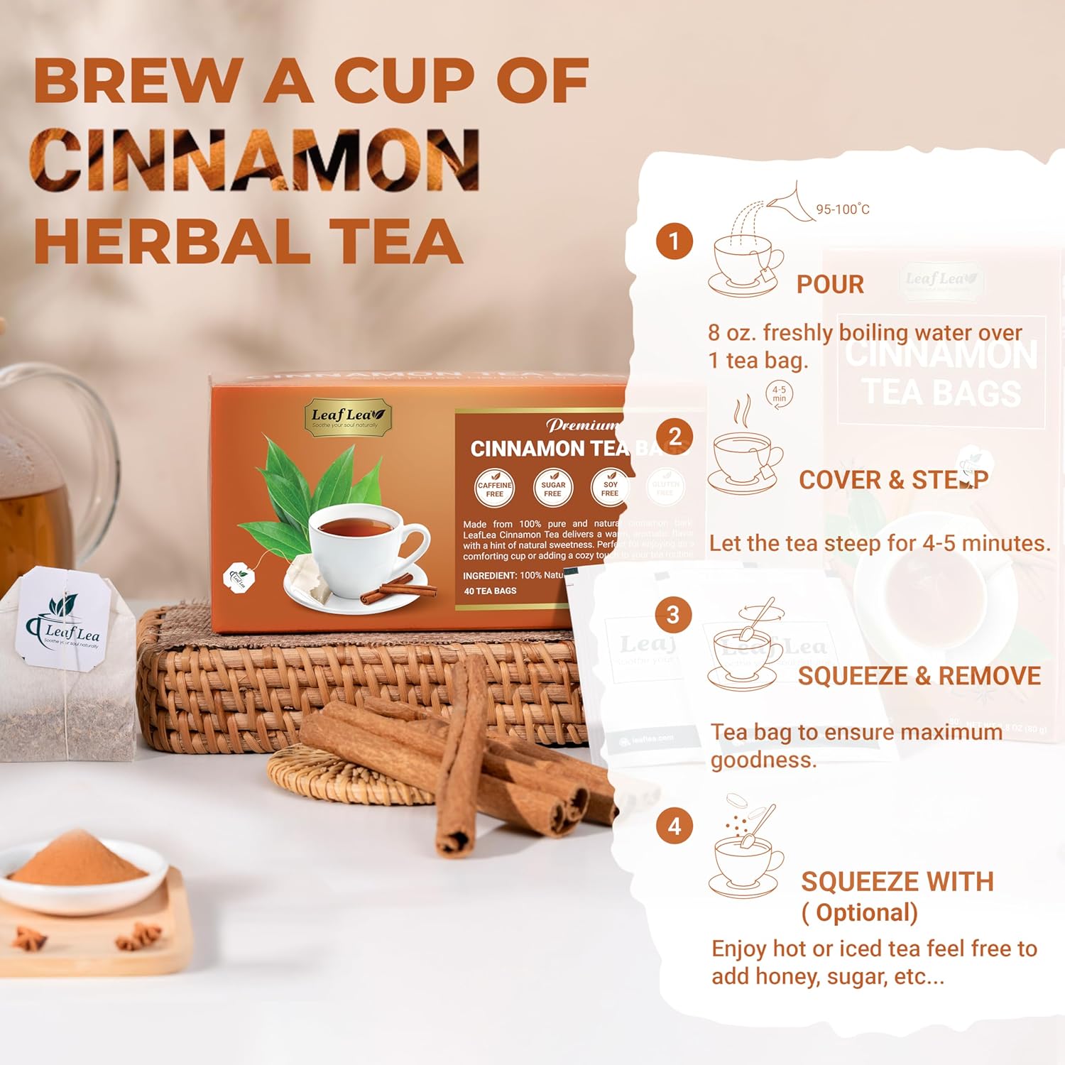 LeafLea 40 Cinnamon Tea Bags 100% Natural Ground Cinnamon Stick Herbal Tea