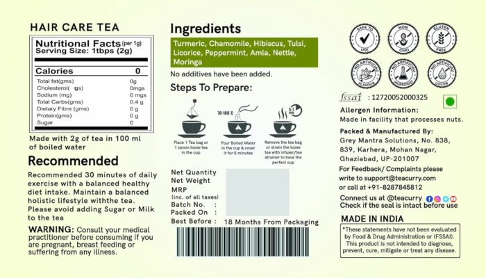 TEACURRY Hair Care Tea 30 Tea Bags Helps with Hair Growth
