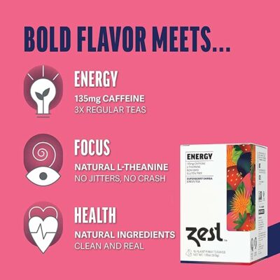 Zest Energy Green Tea High Caffeine Strawberry Acai & Passion Fruit Tea 15 Teabags