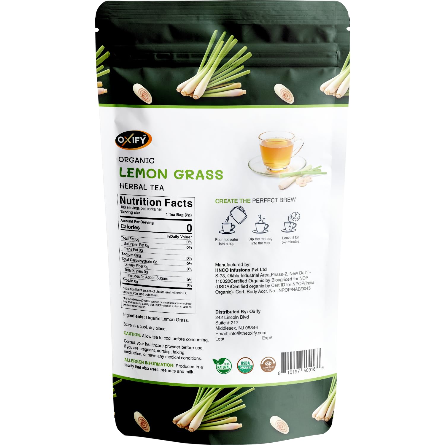 Oxify Organic Lemongrass Herbal Tea 100 Eco Friendly Tea Bags