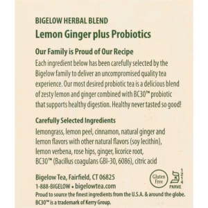 Bigelow Lemon Ginger Plus Probiotics Herbal Tea Bags 18 Count