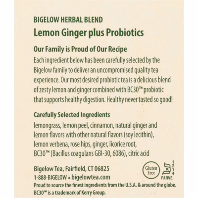 Bigelow Lemon Ginger Plus Probiotics Herbal Tea Bags 18 Count