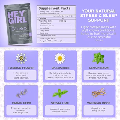 Hey Girl Sleep Tea for Bedtime Calming Sleepytime Herbal Tea 18 Teabags
