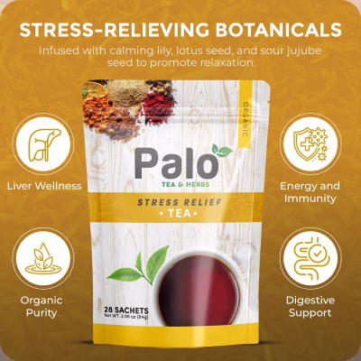 Palo TEA & HERBS Stress Relief Tea Herbal Tea Blend for Relaxation & Calm 28 Sachets