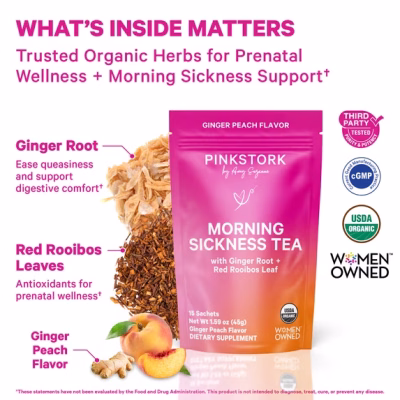 Pink Stork Organic Morning Sickness Pregnancy Herbal Tea 15 Sachets 30 Cups