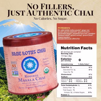 Blue Lotus Chai Rooibos Flavor Masala Chai Makes 65 Cups 2 Ounce