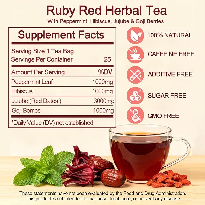 Hibiscus Peppermint Herbal Tea Bags 25 Count