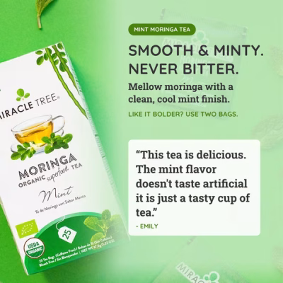 Miracle Tree Organic Moringa Tea Caffeine Free Herbal Tea Bags 25 Count