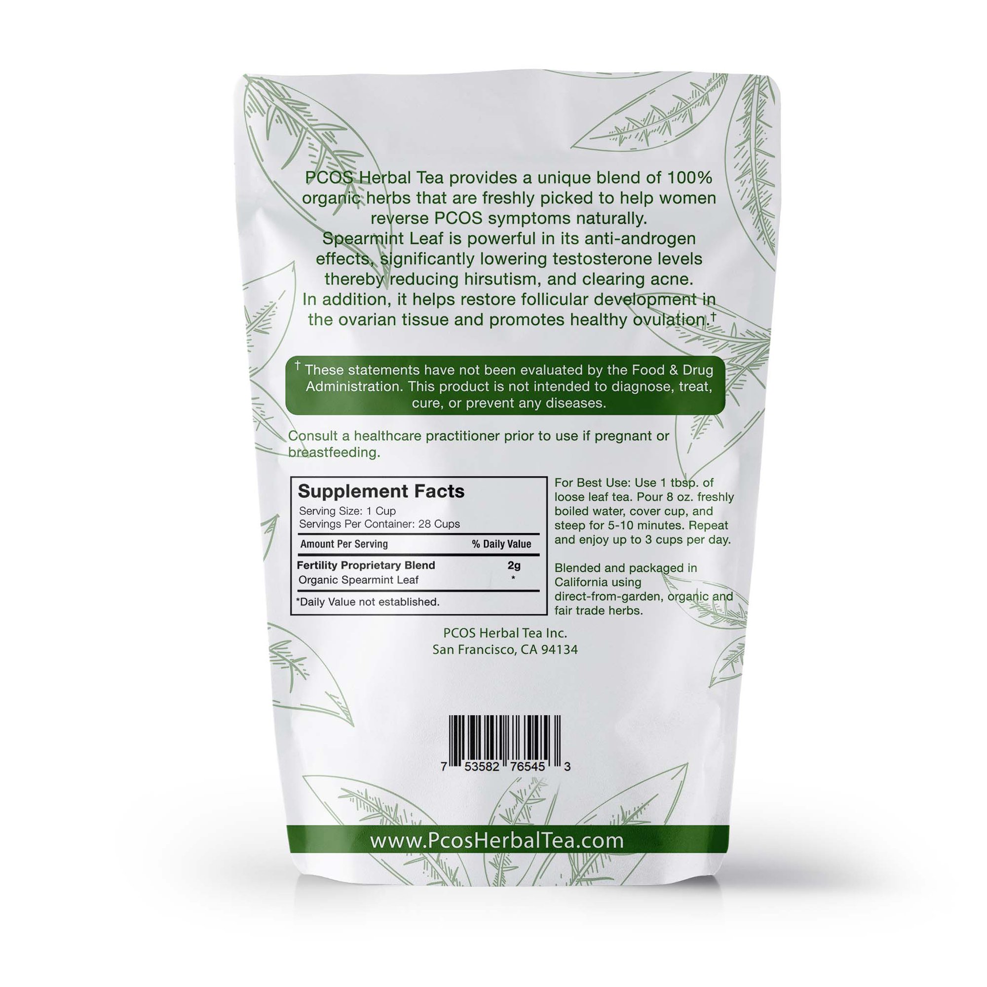 PCOS Spearmint Organic Tea helps unwanted hair clear acne healthy skin Loose Leaf