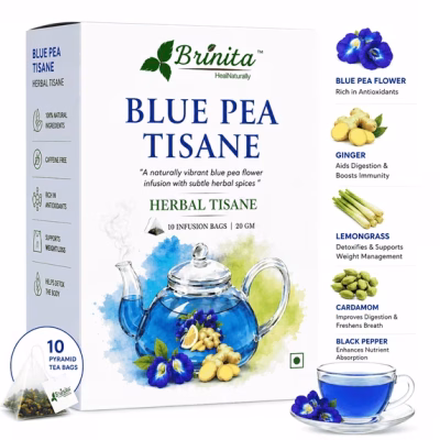 Brinita Blue Pea Tisane Herbal Tea Caffeine-Free Lemongrass Ginger 10 Tea Bags