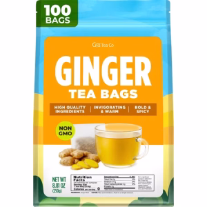 Gya Tea Co Ginger Tea Bags 100 Bags Bold & Spicy Natural Pure Ginger Root Herbal Tea