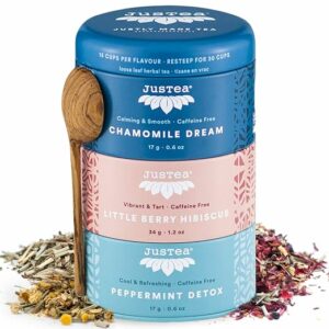JusTea HERBAL TEA TRIO 3 Flavour Variety Pack 45+ Cups Tin with Spoon