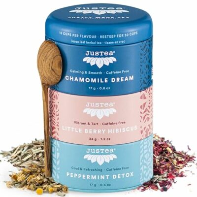 JusTea HERBAL TEA TRIO 3 Flavour Variety Pack 45+ Cups Tin with Spoon