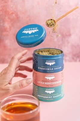 JusTea HERBAL TEA TRIO 3 Flavour Variety Pack 45+ Cups Tin with Spoon