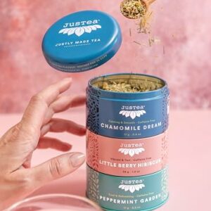 JusTea HERBAL TEA TRIO 3 Flavour Variety Pack 45+ Cups Tin with Spoon