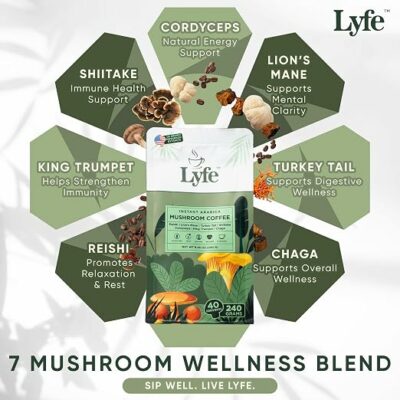 LYFE Organic Instant Mushroom Coffee 40 Servings Instant Adaptogenic Coffee Blend