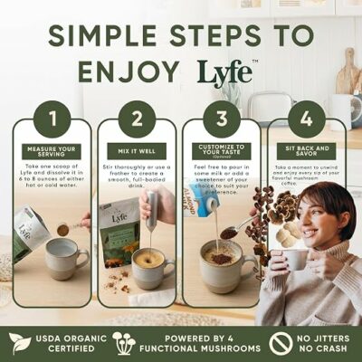 LYFE Organic Instant Mushroom Coffee 40 Servings Instant Adaptogenic Coffee Blend