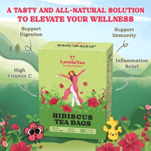 LoveinTea Hibiscus Herbal Tea Bags 100% Natural Vietnamese Hibiscus Blend 30 Tea Bags