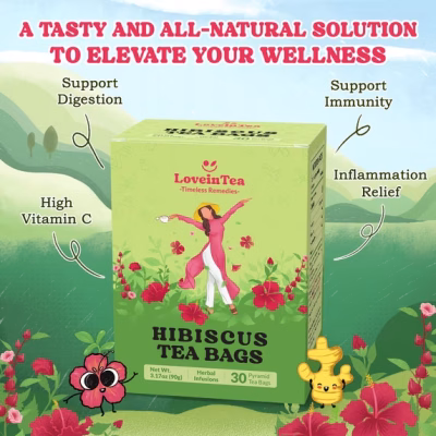LoveinTea Hibiscus Herbal Tea Bags 100% Natural Vietnamese Hibiscus Blend 30 Tea Bags
