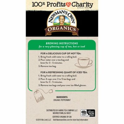 Newman's Own Organic Peppermint Tea Refreshing Mint Herbal Tea 20 Tea Bags