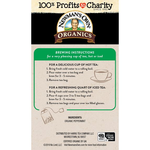 Newman's Own Organic Peppermint Tea Refreshing Mint Herbal Tea 20 Tea Bags
