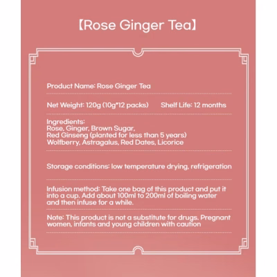 Rose Ginger Herbal Tea Ginseng Astragalus Blend Natural Wellness 12 Tea Bags