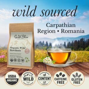 Wild Bliss Organic Hawthorn Herbal Tea Loose Leaf and Flower 100 Servings