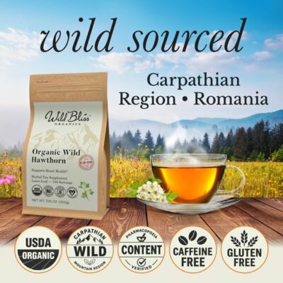 Wild Bliss Organic Hawthorn Herbal Tea Loose Leaf and Flower 100 Servings