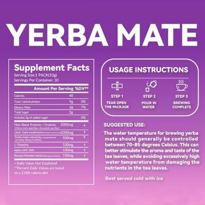 Yerba Mate Instant Tea Powder Raspberry Peach Flavor 30 Sachets