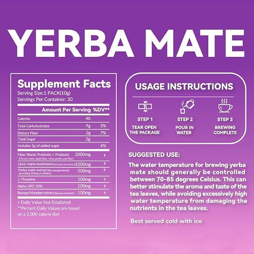 Yerba Mate Instant Tea Powder Raspberry Peach Flavor 30 Sachets