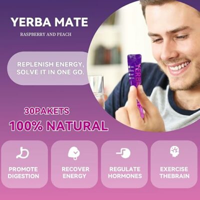 Yerba Mate Instant Tea Powder Raspberry Peach Flavor 30 Sachets