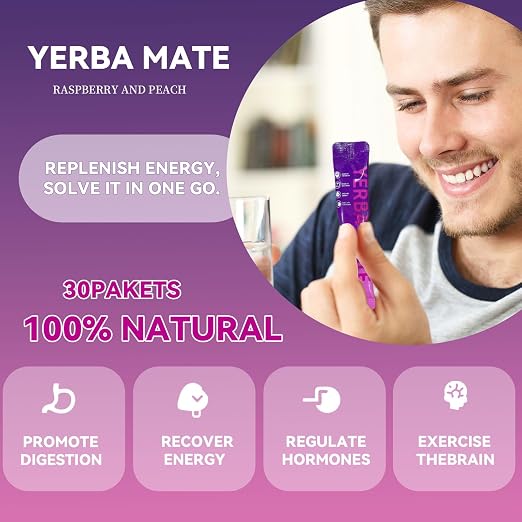Yerba Mate Instant Tea Powder Raspberry Peach Flavor 30 Sachets