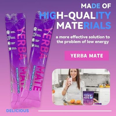 Yerba Mate Instant Tea Powder Raspberry Peach Flavor 30 Sachets