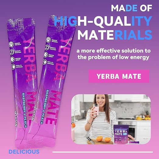 Yerba Mate Instant Tea Powder Raspberry Peach Flavor 30 Sachets